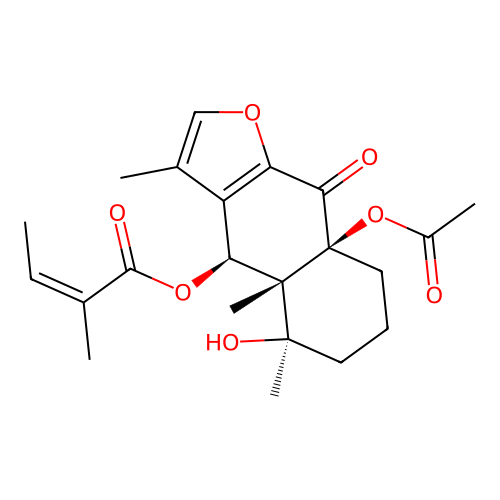 4alpha-Hydroxy-6beta-angeloxy-10beta-acetoxy-9-oxofuranoeremophilane structure