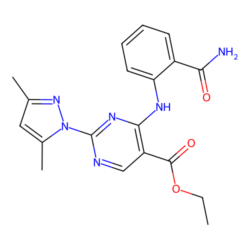 ethyl 4-(2-carbamoylanilino)-2-(3,5-dimethylpyrazol-1-yl)pyrimidine-5-carboxylate structure
