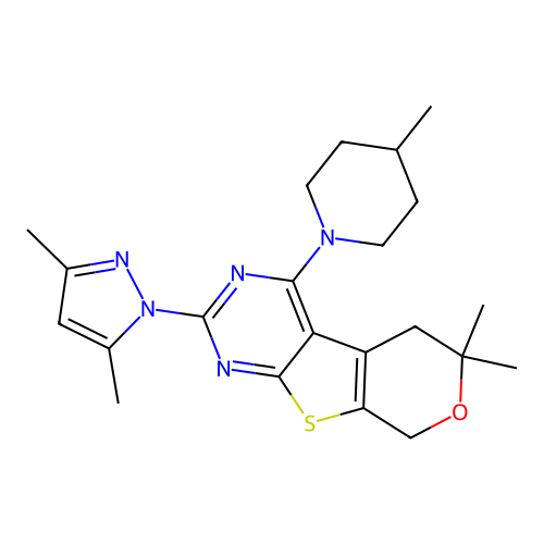 2-(3,5-dimethyl-1H-pyrazol-1-yl)-6,6-dimethyl-4-(4-methylpiperidin-1-yl)-5,8-dihydro-6H-pyrano[4',3':4,5]thieno[2,3-d]pyrimidine structure