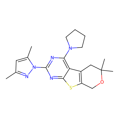 2-(3,5-dimethyl-1H-pyrazol-1-yl)-6,6-dimethyl-4-(pyrrolidin-1-yl)-5,8-dihydro-6H-pyrano[4',3':4,5]thieno[2,3-d]pyrimidine structure