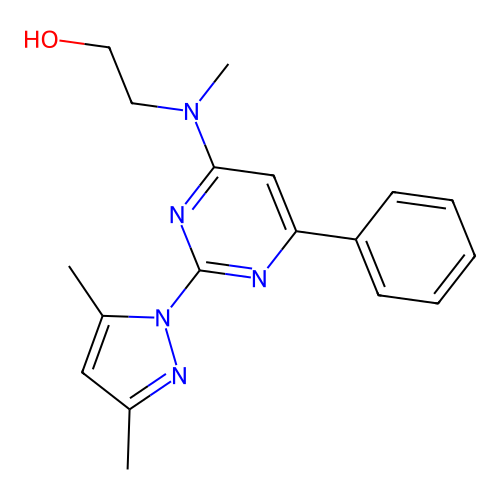 2-((2-(3,5-dimethyl-1H-pyrazol-1-yl)-6-phenylpyrimidin-4-yl)(methyl)amino)ethanol structure