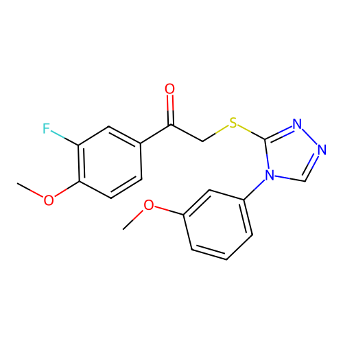 1-(3-fluoro-4-methoxyphenyl)-2-[[4-(3-methoxyphenyl)-1,2,4-triazol-3-yl]sulfanyl]ethanone structure