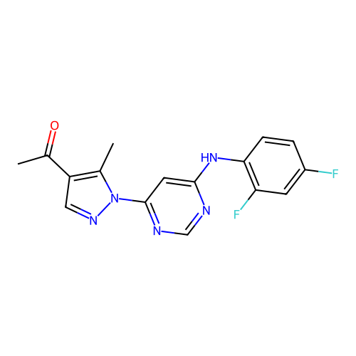 1-(1-{6-[(2,4-difluorophenyl)amino]pyrimidin-4-yl}-5-methyl-1H-pyrazol-4-yl)ethanone structure