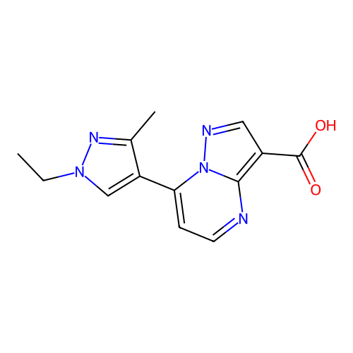 7-(1-ethyl-3-methyl-1H-pyrazol-4-yl)pyrazolo(1,5-a)pyrimidine-3-carboxylic acid structure