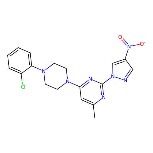 4-[4-(2-Chlorophenyl)piperazin-1-yl]-6-methyl-2-(4-nitropyrazol-1-yl)pyrimidine structure