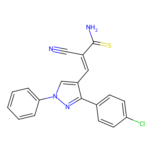 (2E)-3-[3-(4-chlorophenyl)-1-phenyl-1H-pyrazol-4-yl]-2-cyanoprop-2-enethioamide structure