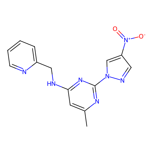 6-methyl-2-(4-nitropyrazol-1-yl)-N-(pyridin-2-ylmethyl)pyrimidin-4-amine structure