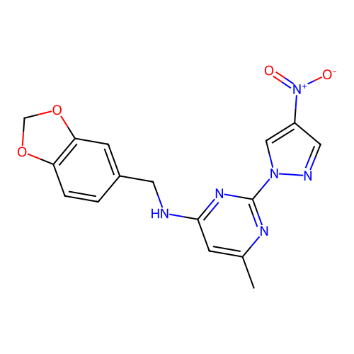N-(1,3-benzodioxol-5-ylmethyl)-6-methyl-2-(4-nitropyrazol-1-yl)pyrimidin-4-amine structure