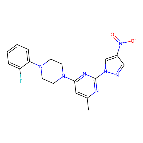 4-(4-(2-fluorophenyl)piperazin-1-yl)-6-methyl-2-(4-nitro-1H-pyrazol-1-yl)pyrimidine structure