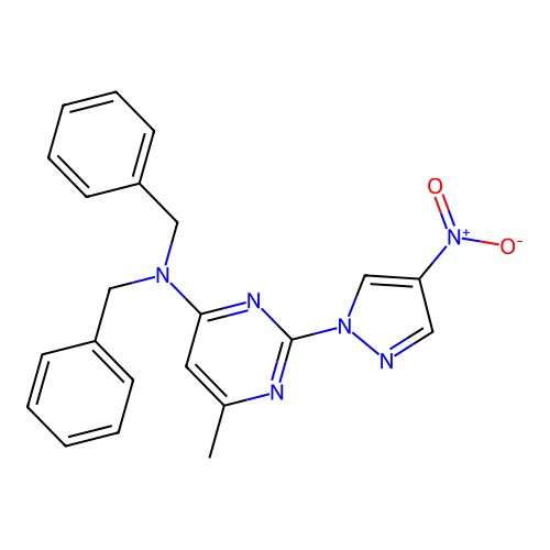 N,N-dibenzyl-6-methyl-2-(4-nitro-1H-pyrazol-1-yl)pyrimidin-4-amine structure