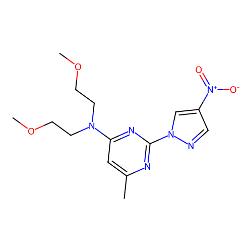 N,N-bis(2-methoxyethyl)-6-methyl-2-(4-nitro-1H-pyrazol-1-yl)pyrimidin-4-amine structure