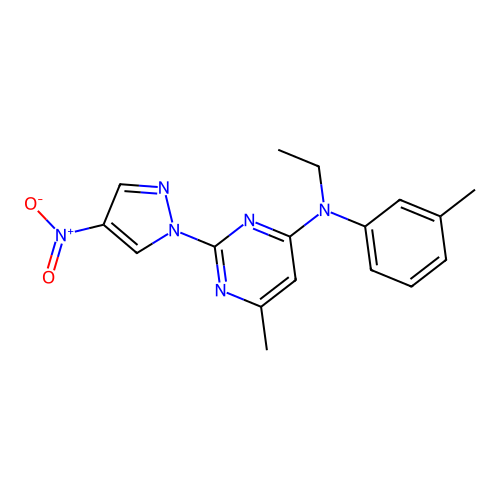 N-ethyl-6-methyl-N-(3-methylphenyl)-2-(4-nitropyrazol-1-yl)pyrimidin-4-amine structure