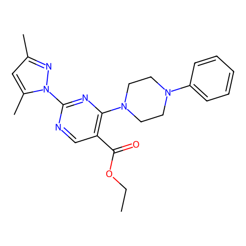 ethyl 2-(3,5-dimethyl-1H-pyrazol-1-yl)-4-(4-phenylpiperazin-1-yl)pyrimidine-5-carboxylate structure