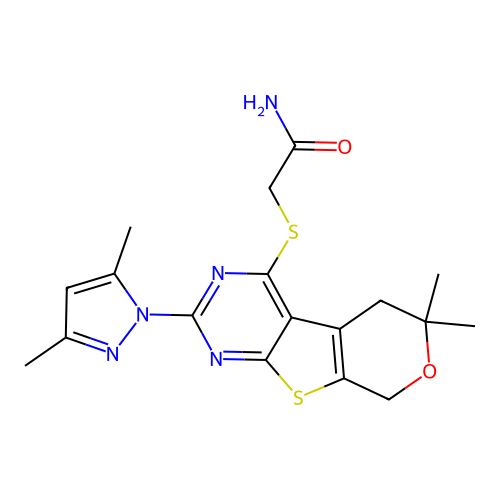 2-((2-(3,5-dimethyl-1H-pyrazol-1-yl)-6,6-dimethyl-6,8-dihydro-5H-pyrano[4',3':4,5]thieno[2,3-d]pyrimidin-4-yl)thio)acetamide structure