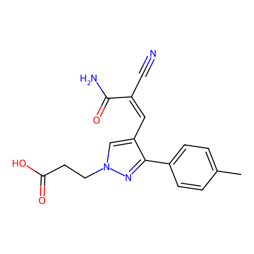 (Z)-3-(4-(3-amino-2-cyano-3-oxoprop-1-en-1-yl)-3-(p-tolyl)-1H-pyrazol-1-yl)propanoic acid structure