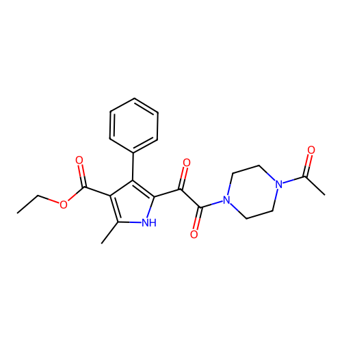 ethyl 5-[2-(4-acetylpiperazin-1-yl)-2-oxoacetyl]-2-methyl-4-phenyl-1H-pyrrole-3-carboxylate structure