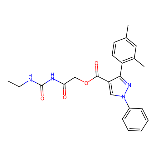 [2-(ethylcarbamoylamino)-2-oxoethyl] 3-(2,4-dimethylphenyl)-1-phenylpyrazole-4-carboxylate structure