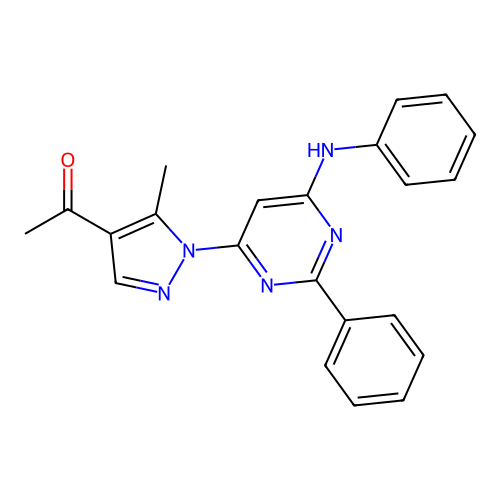 1-(5-methyl-1-(2-phenyl-6-(phenylamino)pyrimidin-4-yl)-1H-pyrazol-4-yl)ethanone structure