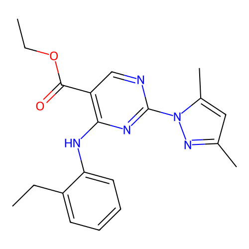 ethyl 2-(3,5-dimethyl-1H-pyrazol-1-yl)-4-((2-ethylphenyl)amino)pyrimidine-5-carboxylate structure
