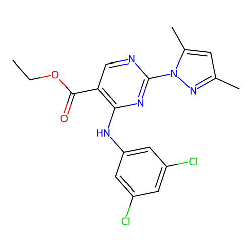 ethyl 4-(3,5-dichloroanilino)-2-(3,5-dimethylpyrazol-1-yl)pyrimidine-5-carboxylate structure