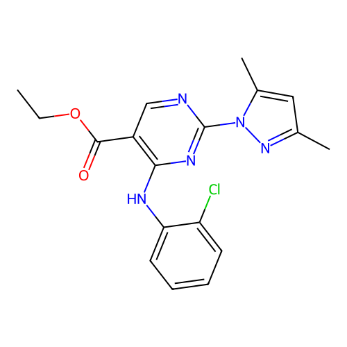ethyl 4-((2-chlorophenyl)amino)-2-(3,5-dimethyl-1H-pyrazol-1-yl)pyrimidine-5-carboxylate structure