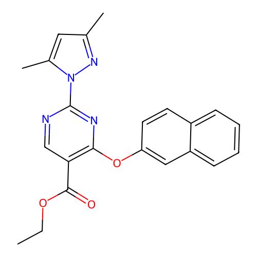 ethyl 2-(3,5-dimethyl-1H-pyrazol-1-yl)-4-(naphthalen-2-yloxy)pyrimidine-5-carboxylate structure