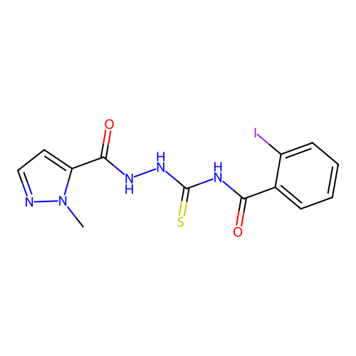 2-iodo-N-[[(2-methylpyrazole-3-carbonyl)amino]carbamothioyl]benzamide structure