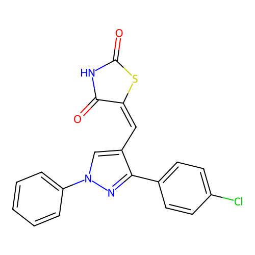 (5E)-5-[[3-(4-chlorophenyl)-1-phenylpyrazol-4-yl]methylidene]-1,3-thiazolidine-2,4-dione structure