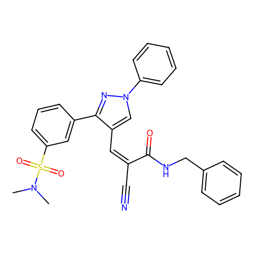 (Z)-N-benzyl-2-cyano-3-(3-(3-(N,N-dimethylsulfamoyl)phenyl)-1-phenyl-1H-pyrazol-4-yl)acrylamide structure