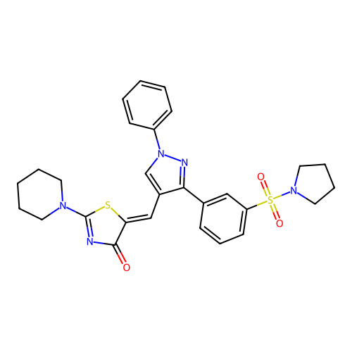 (5Z)-5-({1-phenyl-3-[3-(pyrrolidin-1-ylsulfonyl)phenyl]-1H-pyrazol-4-yl}methylidene)-2-(piperidin-1-yl)-1,3-thiazol-4(5H)-one structure