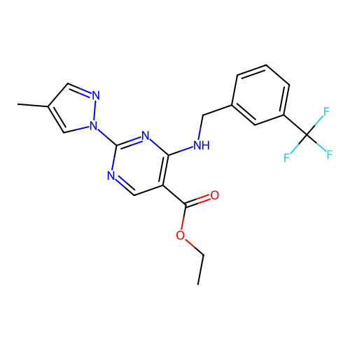 ethyl 2-(4-methyl-1H-pyrazol-1-yl)-4-((3-(trifluoromethyl)benzyl)amino)pyrimidine-5-carboxylate structure