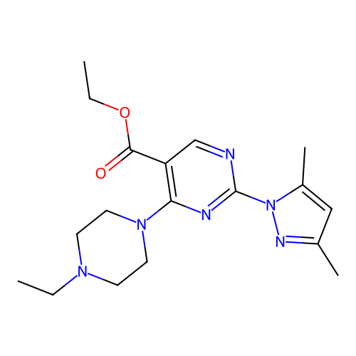 ethyl 2-(3,5-dimethyl-1H-pyrazol-1-yl)-4-(4-ethylpiperazin-1-yl)pyrimidine-5-carboxylate structure
