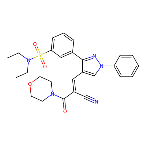 (E)-3-(4-(2-cyano-3-morpholino-3-oxoprop-1-en-1-yl)-1-phenyl-1H-pyrazol-3-yl)-N,N-diethylbenzenesulfonamide structure