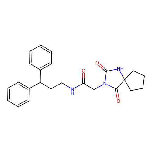 2-{2,4-dioxo-1,3-diazaspiro[4.4]nonan-3-yl}-N-(3,3-diphenylpropyl)acetamide structure
