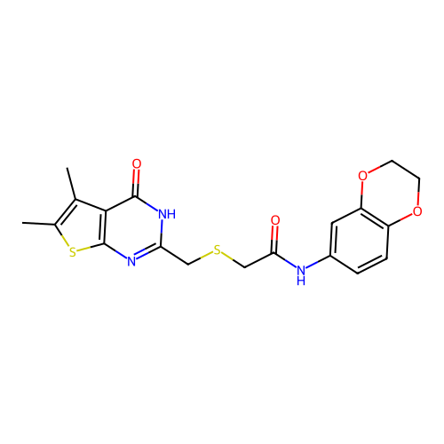 N-(2,3-dihydrobenzo[b][1,4]dioxin-6-yl)-2-(((5,6-dimethyl-4-oxo-3,4-dihydrothieno[2,3-d]pyrimidin-2-yl)methyl)thio)acetamide structure