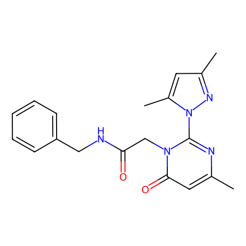 N-benzyl-2-[2-(3,5-dimethylpyrazol-1-yl)-4-methyl-6-oxopyrimidin-1-yl]acetamide structure