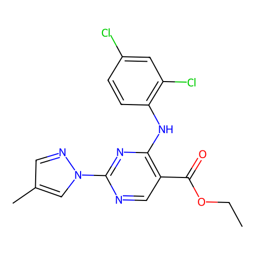 ethyl 4-((2,4-dichlorophenyl)amino)-2-(4-methyl-1H-pyrazol-1-yl)pyrimidine-5-carboxylate structure