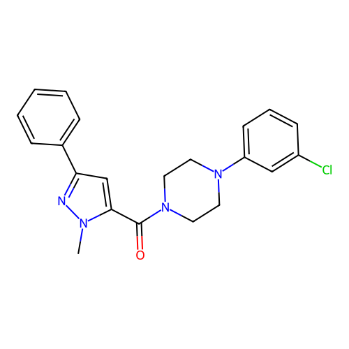 (4-(3-chlorophenyl)piperazin-1-yl)(1-methyl-3-phenyl-1H-pyrazol-5-yl)methanone structure