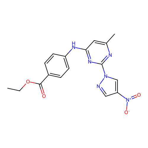 Ethyl 4-[[6-methyl-2-(4-nitropyrazol-1-yl)pyrimidin-4-yl]amino]benzoate structure