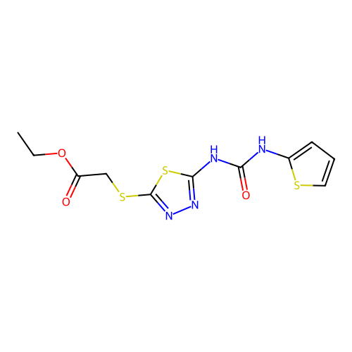 Ethyl 2-((5-(3-(thiophen-2-yl)ureido)-1,3,4-thiadiazol-2-yl)thio)acetate structure