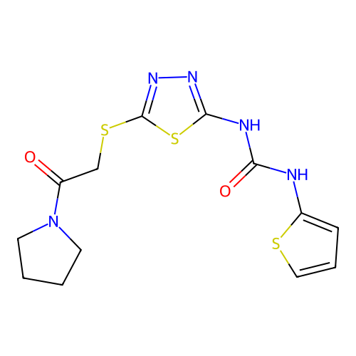 1-(5-((2-oxo-2-(pyrrolidin-1-yl)ethyl)thio)-1,3,4-thiadiazol-2-yl)-3-(thiophen-2-yl)urea structure