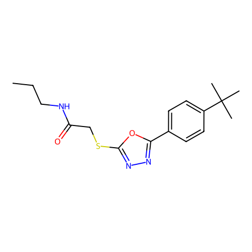 2-{[5-(4-tert-butylphenyl)-1,3,4-oxadiazol-2-yl]sulfanyl}-N-propylacetamide structure