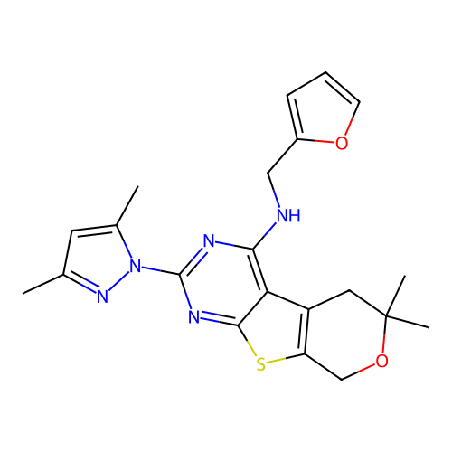 2-(3,5-dimethyl-1H-pyrazol-1-yl)-N-(furan-2-ylmethyl)-6,6-dimethyl-5,8-dihydro-6H-pyrano[4',3':4,5]thieno[2,3-d]pyrimidin-4-amine structure