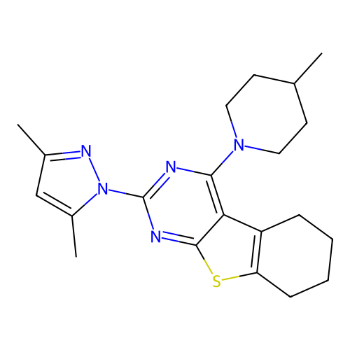 2-(3,5-dimethyl-1H-pyrazol-1-yl)-4-(4-methylpiperidin-1-yl)-5,6,7,8-tetrahydro[1]benzothieno[2,3-d]pyrimidine structure