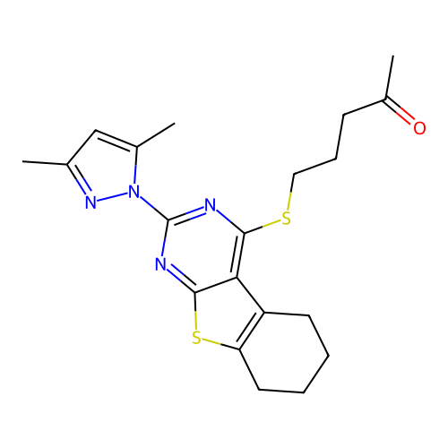5-((2-(3,5-dimethyl-1H-pyrazol-1-yl)-5,6,7,8-tetrahydrobenzo[4,5]thieno[2,3-d]pyrimidin-4-yl)thio)pentan-2-one structure