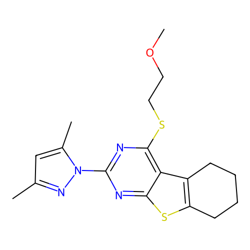 2-(3,5-dimethyl-1H-pyrazol-1-yl)-4-((2-methoxyethyl)thio)-5,6,7,8-tetrahydrobenzo[4,5]thieno[2,3-d]pyrimidine structure