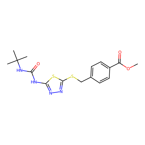 Methyl 4-(((5-(3-(tert-butyl)ureido)-1,3,4-thiadiazol-2-yl)thio)methyl)benzoate structure