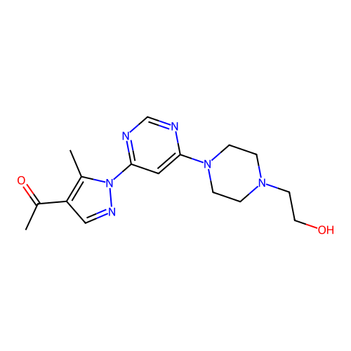 1-[1-[6-[4-(2-hydroxyethyl)piperazin-1-yl]pyrimidin-4-yl]-5-methyl-pyrazol-4-yl]ethanone structure