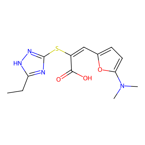 (E)-3-(5-dimethylamino-2-furyl)-2-[(5-ethyl-1H-1,2,4-triazol-3-yl)sulfanyl]prop-2-enoic Acid structure