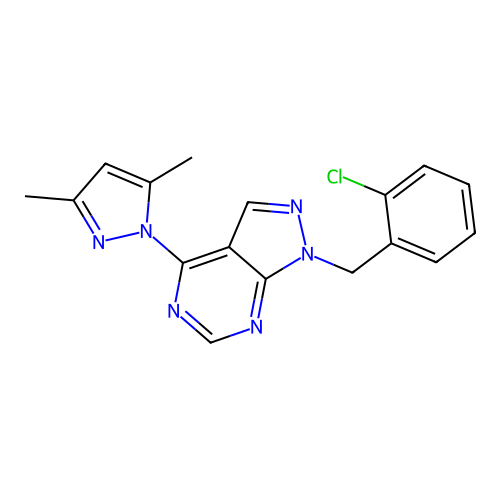 1-(2-chlorobenzyl)-4-(3,5-dimethyl-1H-pyrazol-1-yl)-1H-pyrazolo[3,4-d]pyrimidine structure